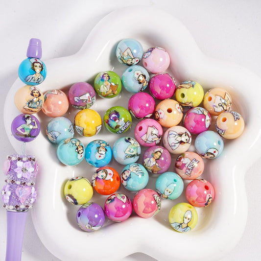 Acrylic Beads Doctor & Nurse Series with Colorful Background, Random Mix, 16MM