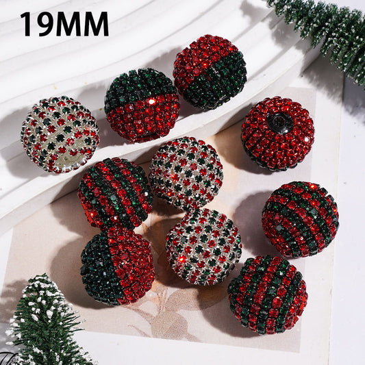 Red Green Silver Spiral Striped Metal Chains with Christmas Style Rhinestones Hand-Made Acrylic Beads, 19MM