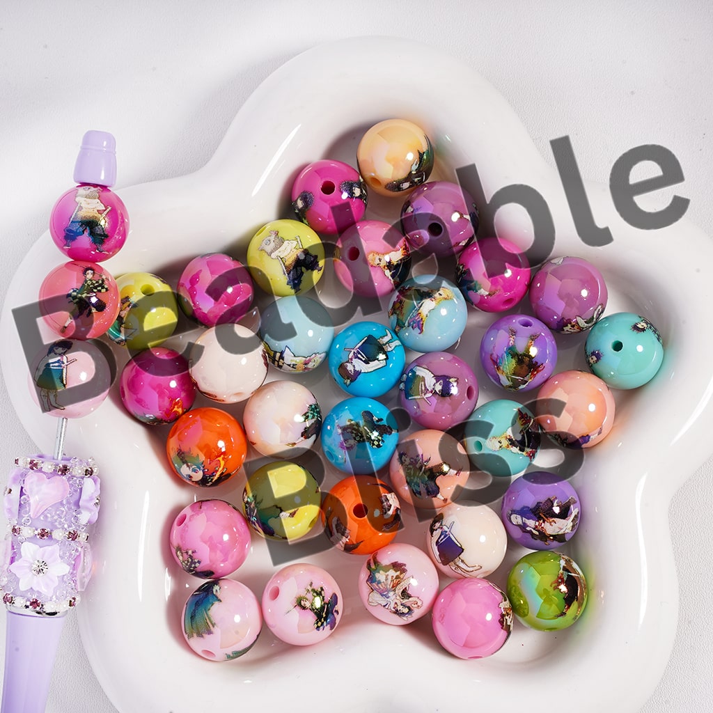 Acrylic Beads Japanese Cosplay Style in Various Designs with Colorful Background, Random Mix, 16MM