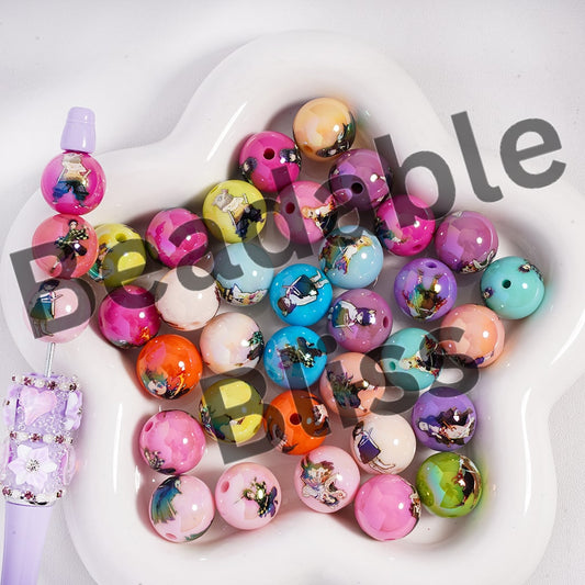 Acrylic Beads Japanese Cosplay Style in Various Designs with Colorful Background, Random Mix, 16MM