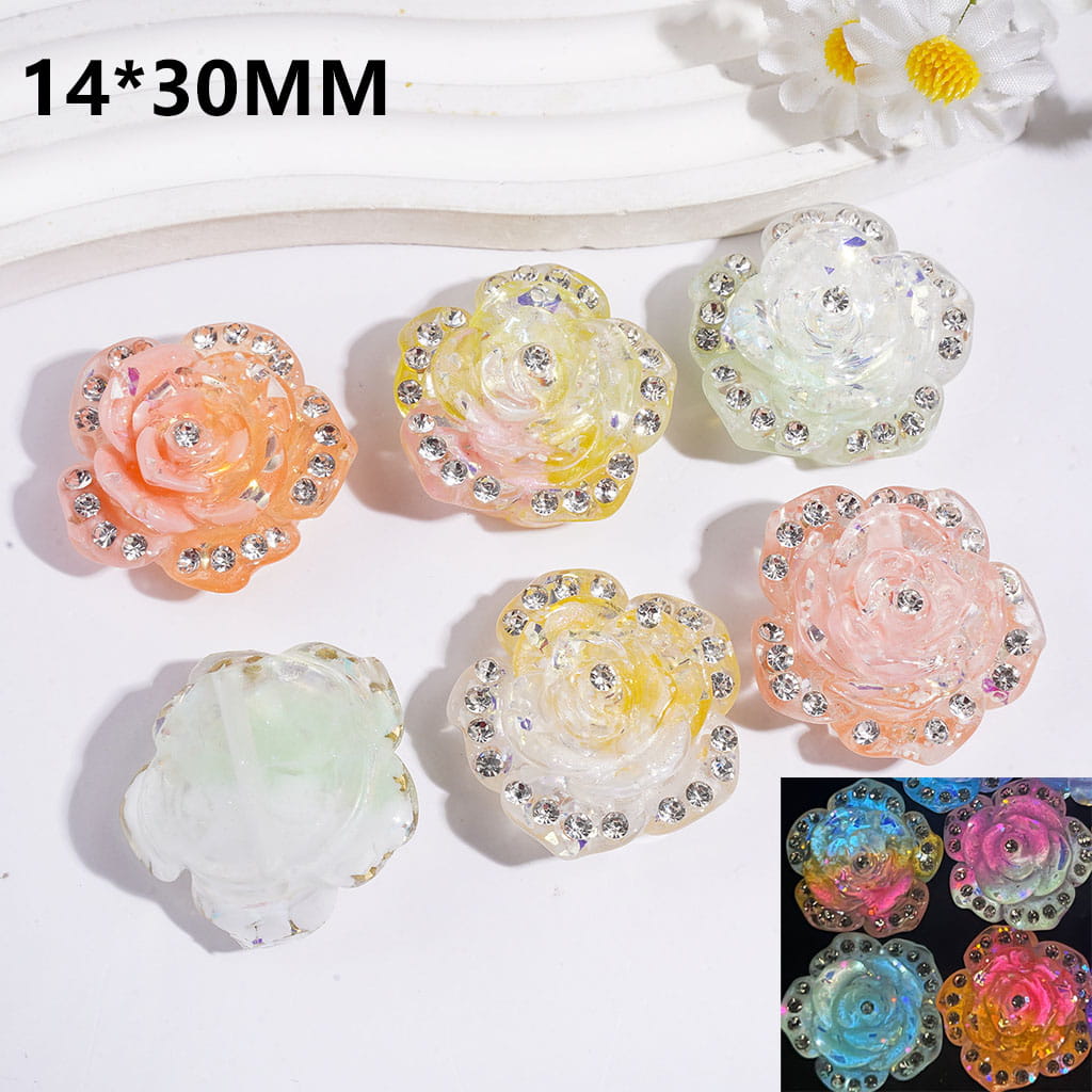 Luminous Blossoming Camellia with Clear Rhinestones & Glitter & Thin Flakes Acrylic Beads, 14*30MM, Double Colors, Random Mix