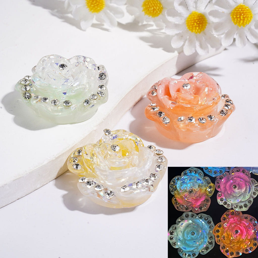 Luminous Blossoming Camellia with Clear Rhinestones & Glitter & Thin Flakes Acrylic Beads, 14*30MM, Double Colors, Random Mix