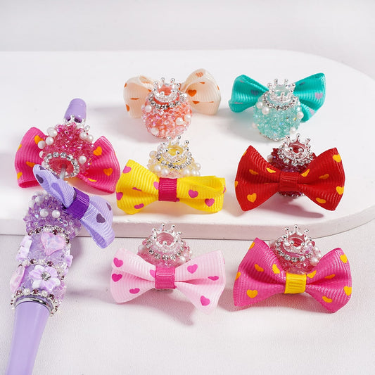 Sugar Acrylic Beads w Fancy Silver Crown White Pearls Shiny Cone Shape Rhinestones Fabric Bowtie, Multi-Color, Random Mix