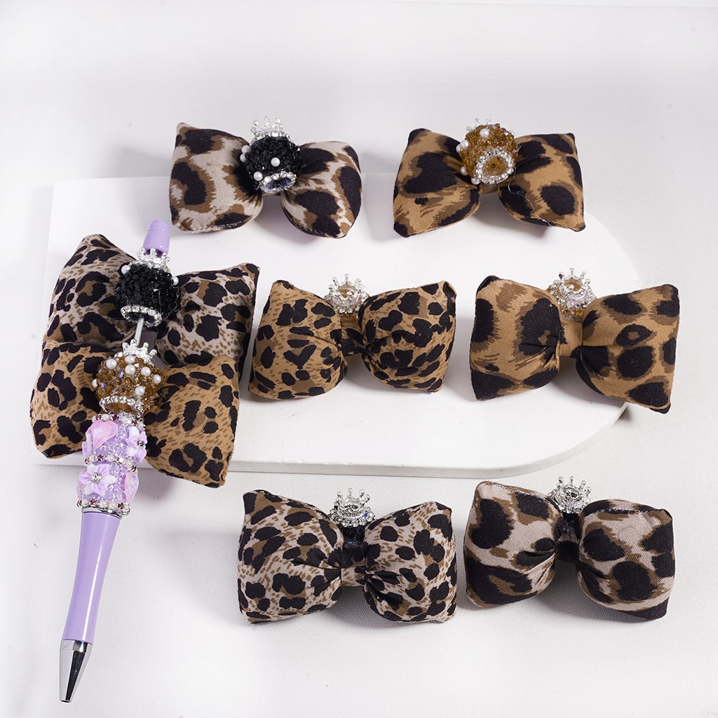 Sugar Acrylic Beads with Fancy Silver Crown White Pearls Shiny Cone Shape Rhinestones Fabric Leopard Print Bowtie, Random Mix