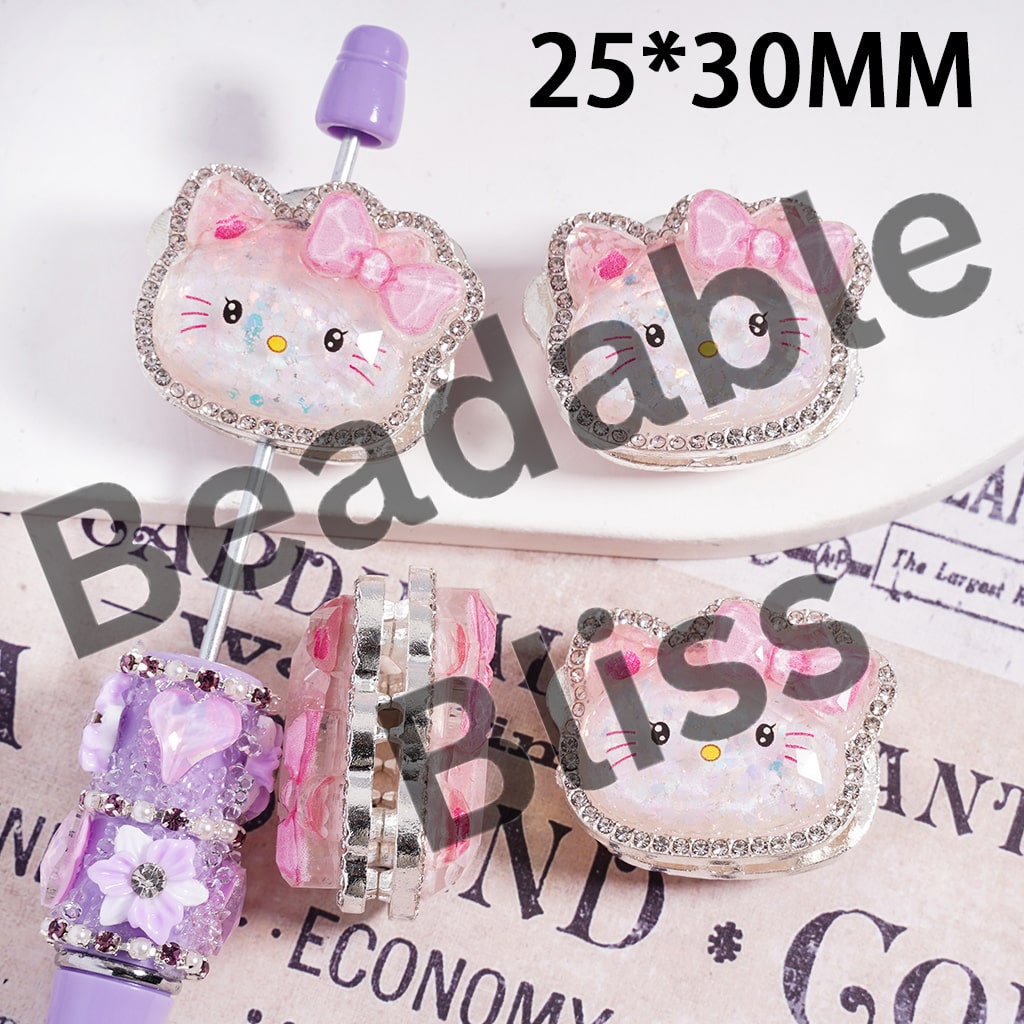 Silver Color Metal Beads with Pink Bowtie Glittery Cute Cat Character & Clear Rhinestones, 25*30MM