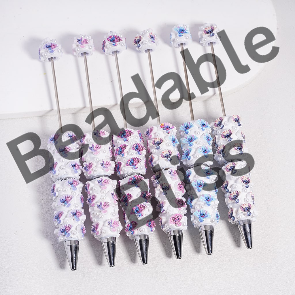 Beadable Clay Pen with Monster Character on the Fan White Pearls, Random Mix