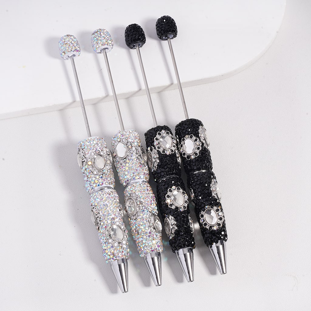 Beadable Clay Pen & Silver Color Metal Mirror Shape with Black Clear AB Rhinestones, Random Mix