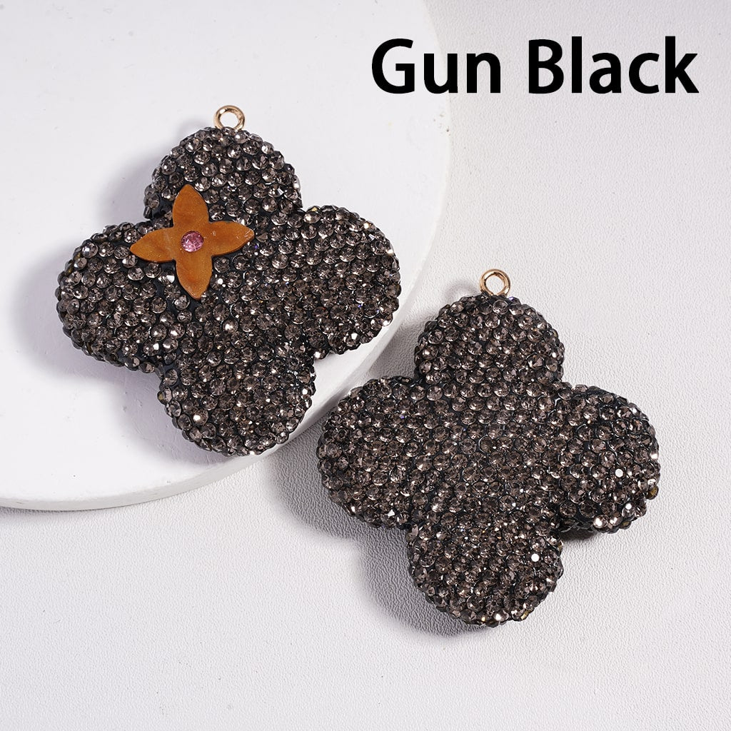 Clay Keychain Pendant, Four Leaf Clover with Flower, Jewelry Accessories w Rhinestones , Multi-Color