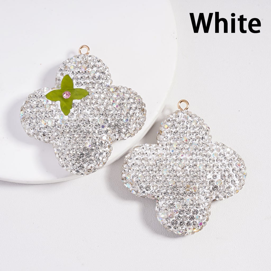 Clay Keychain Pendant, Four Leaf Clover with Flower, Jewelry Accessories w Rhinestones , Multi-Color