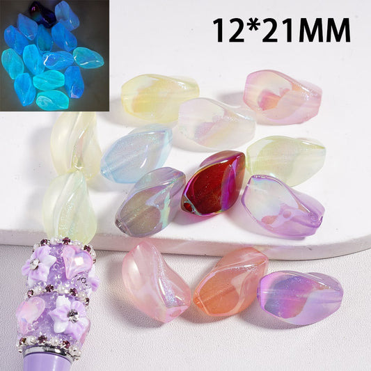 Acrylic Beads UV Coating Luminous Twisty Petal Shape Glitter Inside, Multi-Color, Random Mix, 12*21MM