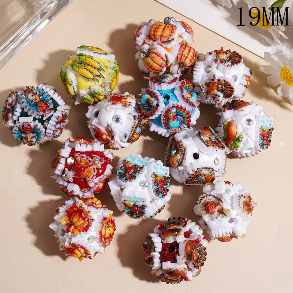 Clay Beads Thanksgiving Day Theme with Various Food Turkey Truck and AB Rhinestone, 19MM Random Mix
