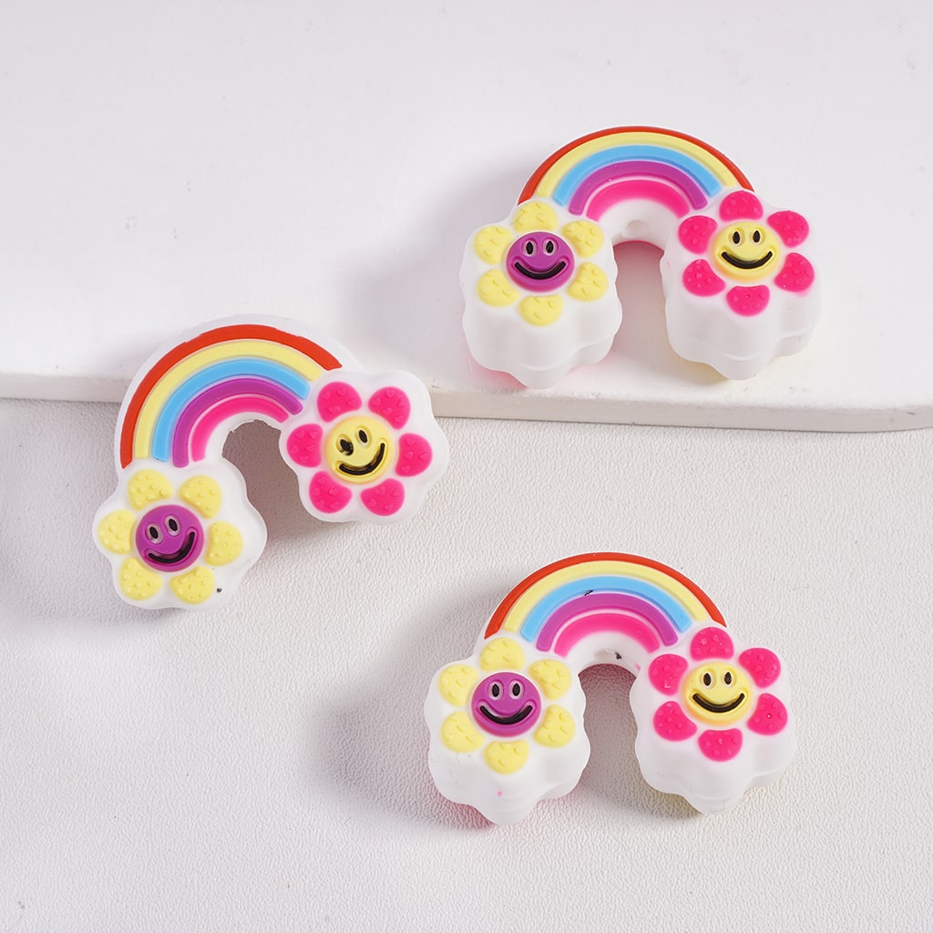 Silicone Focal Beads 3D Rainbow with Cloud Star Flower in Various Designs, Random Mix