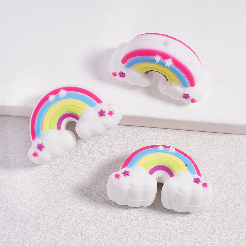 Silicone Focal Beads 3D Rainbow with Cloud Star Flower in Various Designs, Random Mix