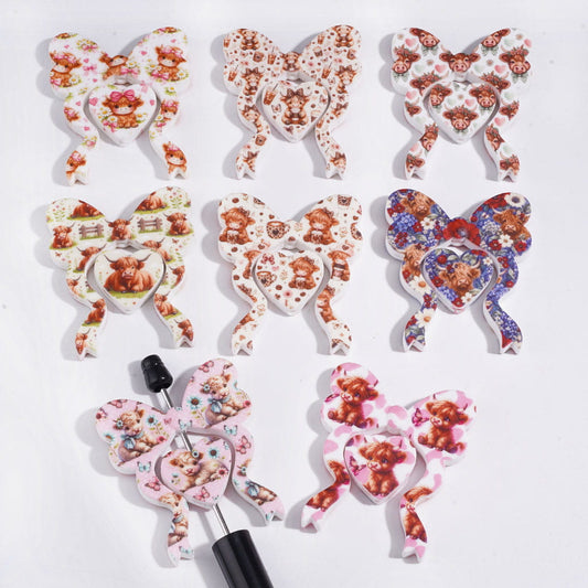 Silicone Focal Beads Highland Cattle Series, Heart and Bowtie Set, Random Mix
