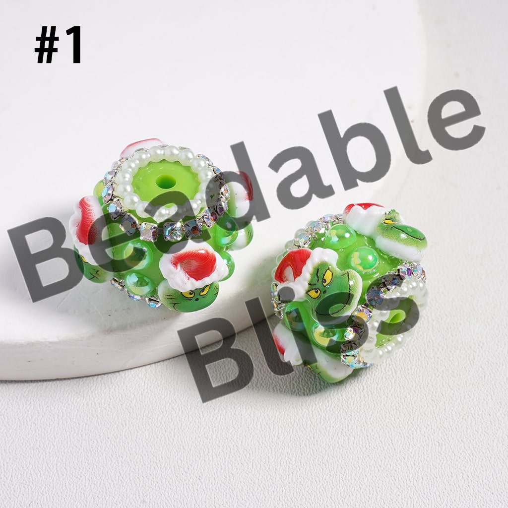 Acrylic Beads Green Character w Christmas Hat Green Half-Shell Pearls & AB Rhinestones Chains, 22MM