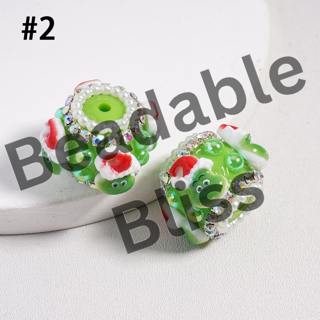 Acrylic Beads Green Character w Christmas Hat Green Half-Shell Pearls & AB Rhinestones Chains, 22MM