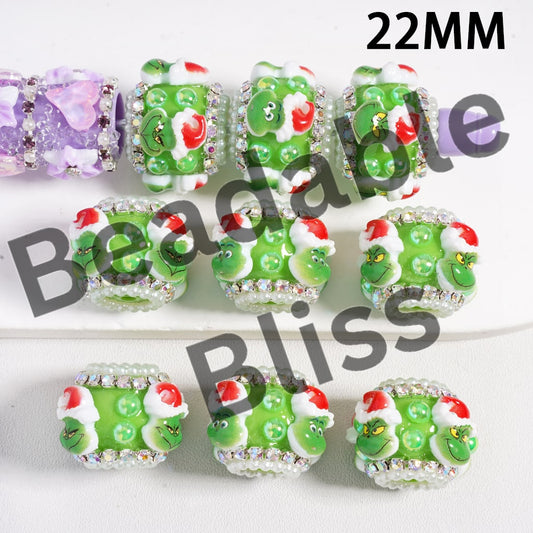 Acrylic Beads Green Character w Christmas Hat Green Half-Shell Pearls & AB Rhinestones Chains, 22MM