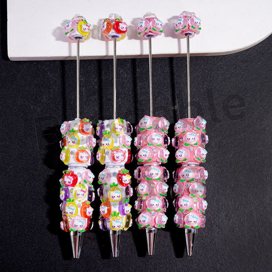 AB Rhinestones and Various Fruits with Cute Cat Head Beadable Clay Pens