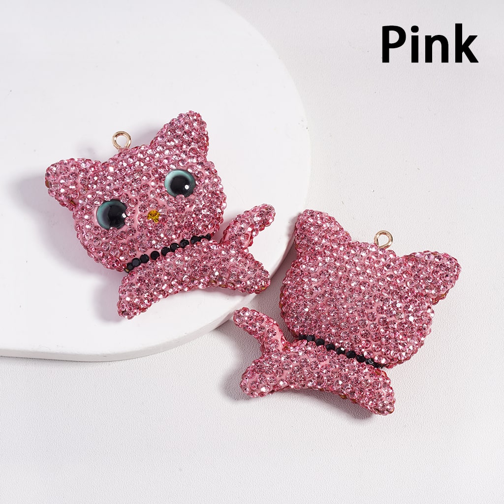 Clay Keychain Pendant Large-Sized Cat, Jewelry Accessories w Rhinestones, Multi-Color, 49*50MM