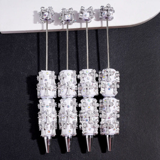 Religion Theme Beadable Clay Pens with Silver Scroll Floral Cross and Maltese Cross, AB Rhinestones