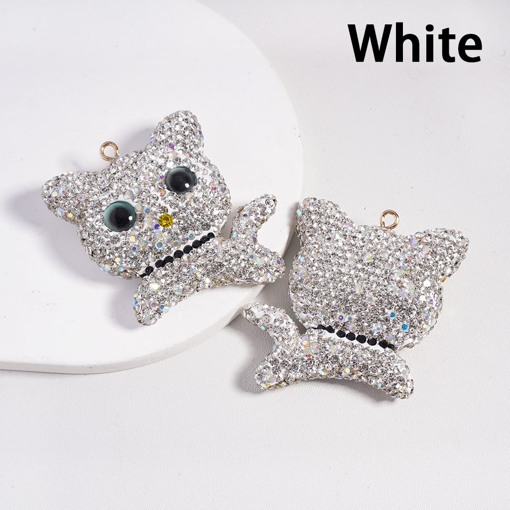 Clay Keychain Pendant Large-Sized Cat, Jewelry Accessories w Rhinestones, Multi-Color, 49*50MM
