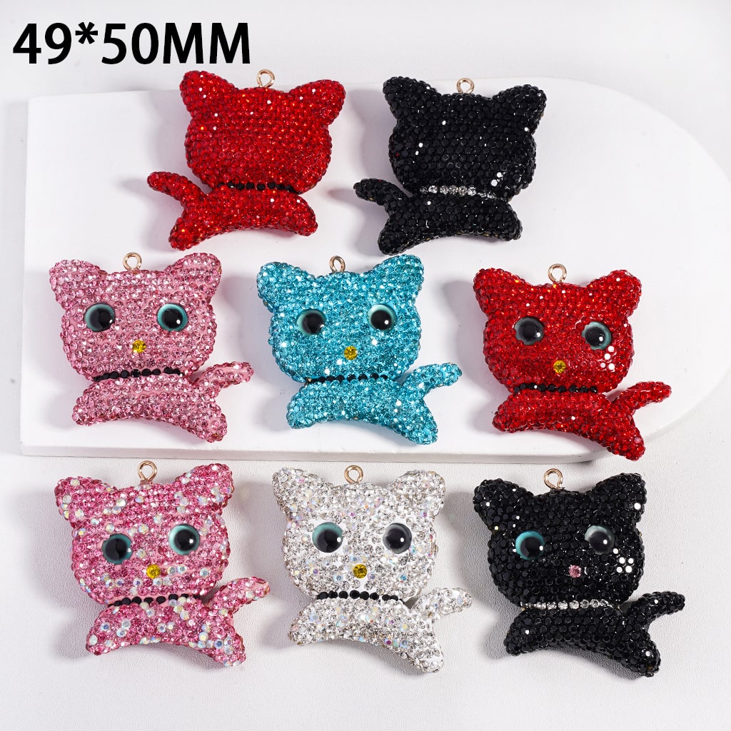 Clay Keychain Pendant Large-Sized Cat, Jewelry Accessories w Rhinestones, Multi-Color, 49*50MM