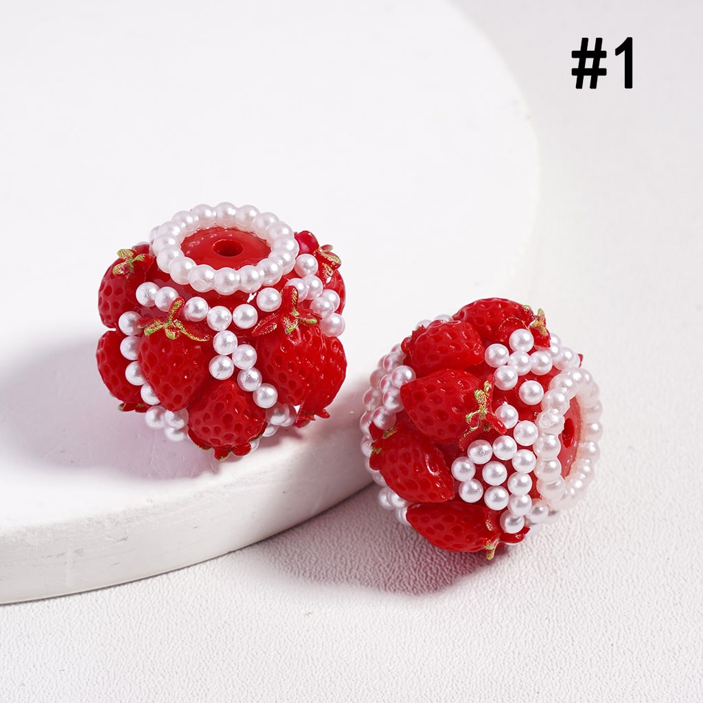 Acrylic Beads, Cute Strawberries in Various Colors, with White Pearls, Size 20MM
