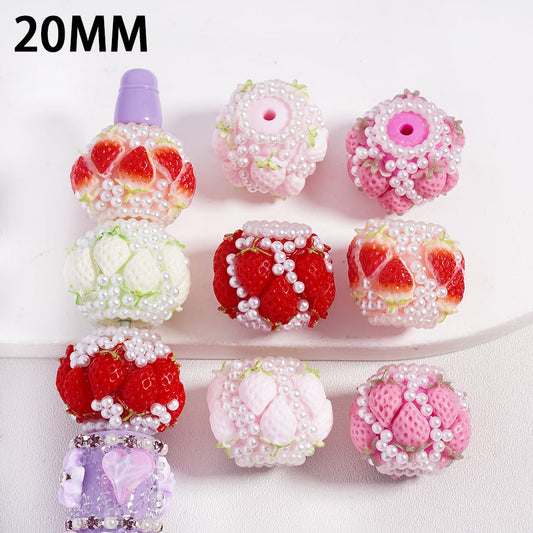 Acrylic Beads, Cute Strawberries in Various Colors, with White Pearls, Size 20MM