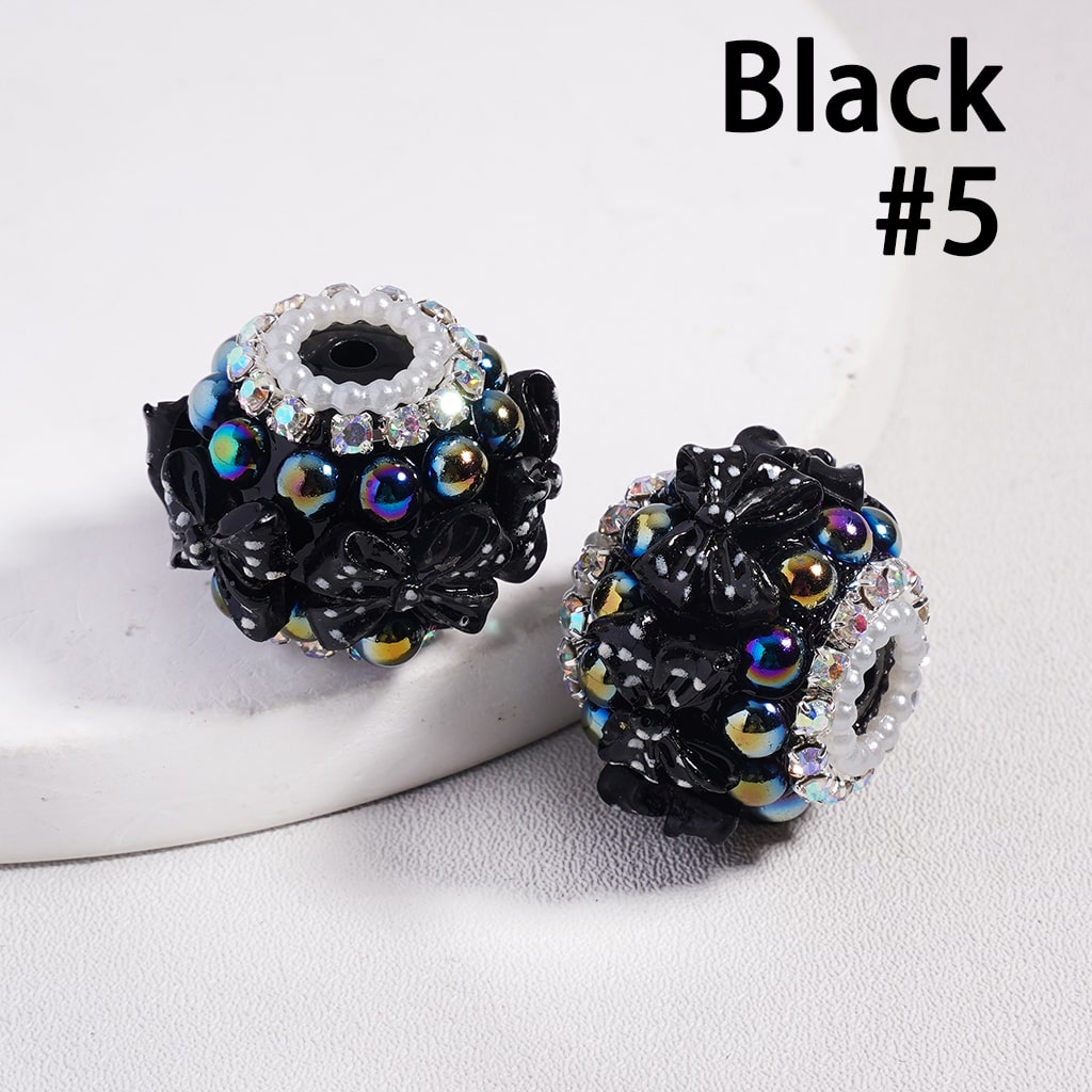 Acrylic Beads Bowtie w White Polka Dots, Half-Shell Pearls & AB Rhinestones Chains, 22MM, Multi-Color