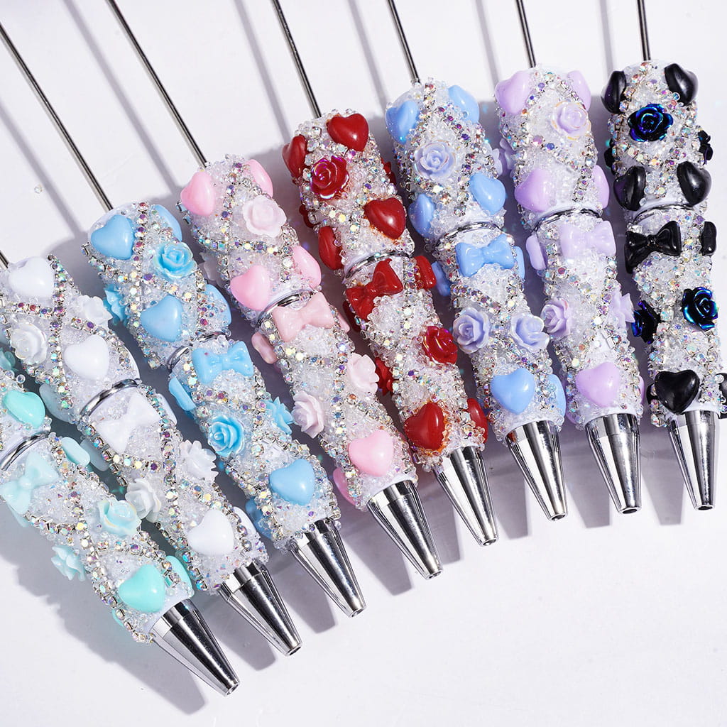 Handmade Beadable Sugar Pens with Heart Bowtie UV-Coated Rose Flower and AB Rhinestone Chains, Multi-Color