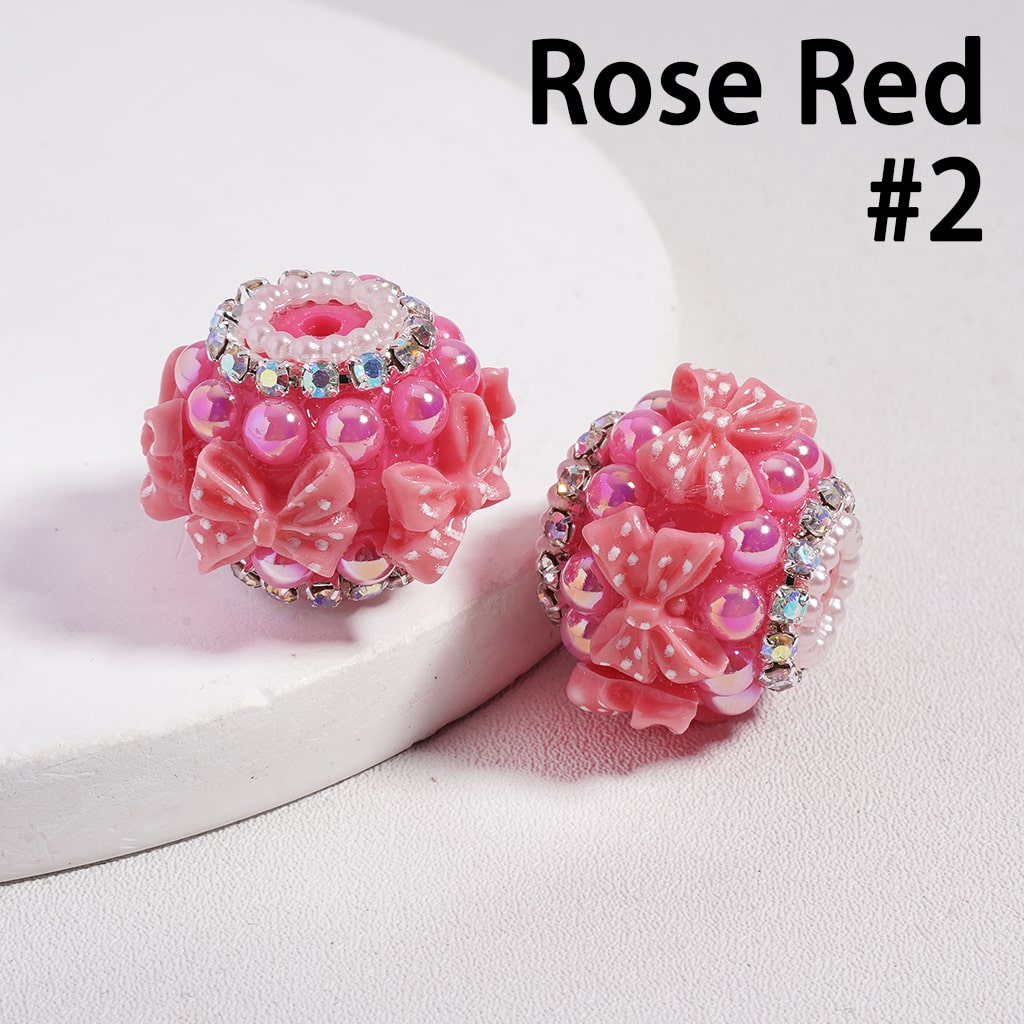 Acrylic Beads Bowtie w White Polka Dots, Half-Shell Pearls & AB Rhinestones Chains, 22MM, Multi-Color