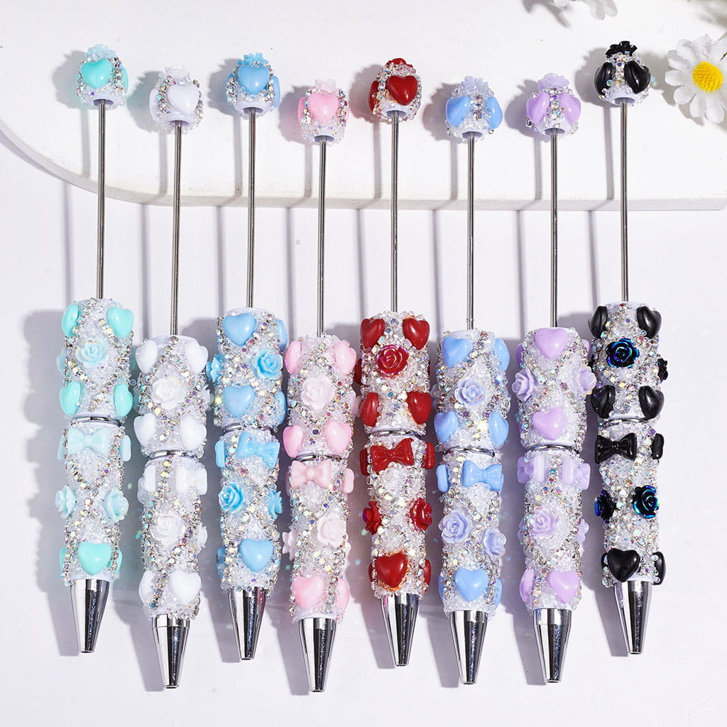 Handmade Beadable Sugar Pens with Heart Bowtie UV-Coated Rose Flower and AB Rhinestone Chains, Multi-Color