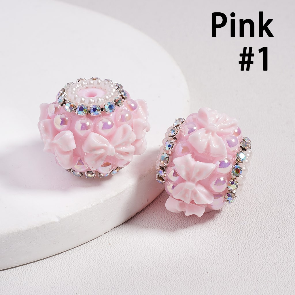 Acrylic Beads Bowtie w White Polka Dots, Half-Shell Pearls & AB Rhinestones Chains, 22MM, Multi-Color