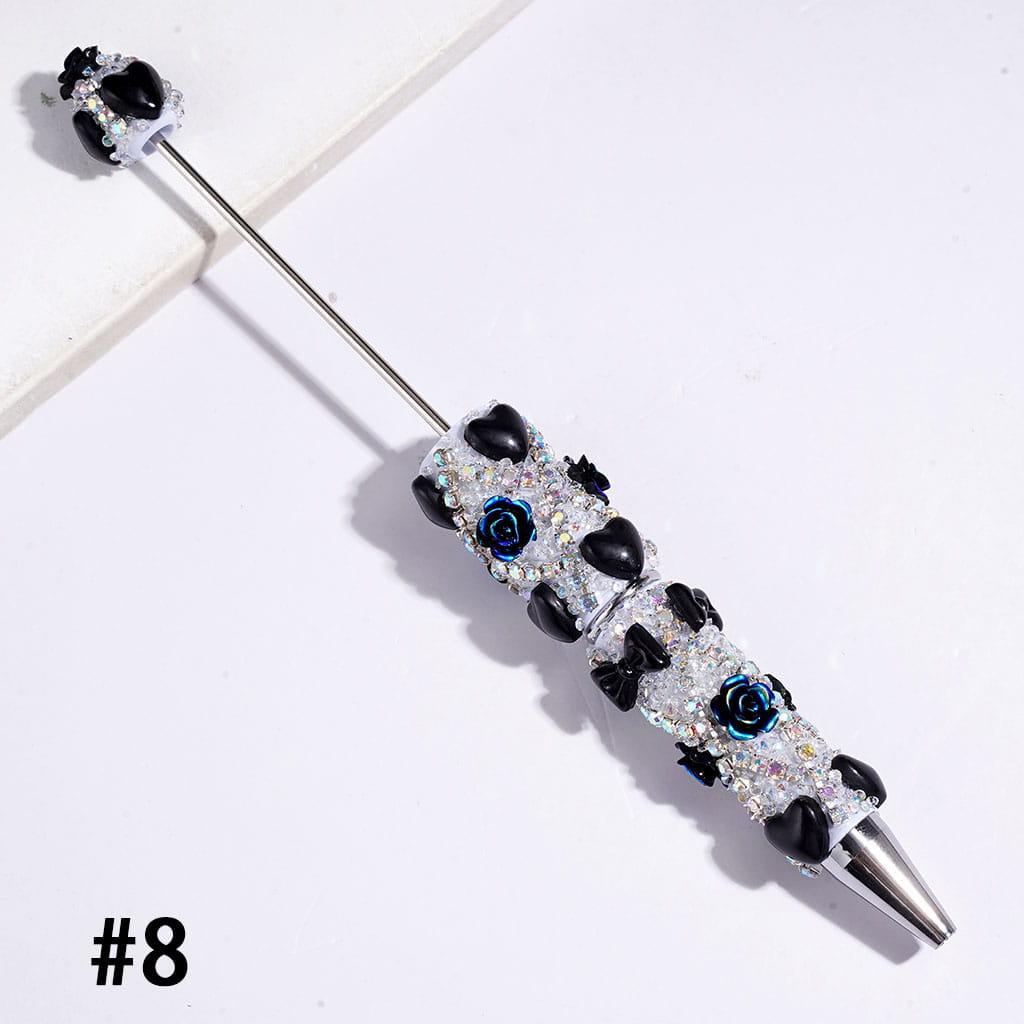 Handmade Beadable Sugar Pens with Heart Bowtie UV-Coated Rose Flower and AB Rhinestone Chains, Multi-Color