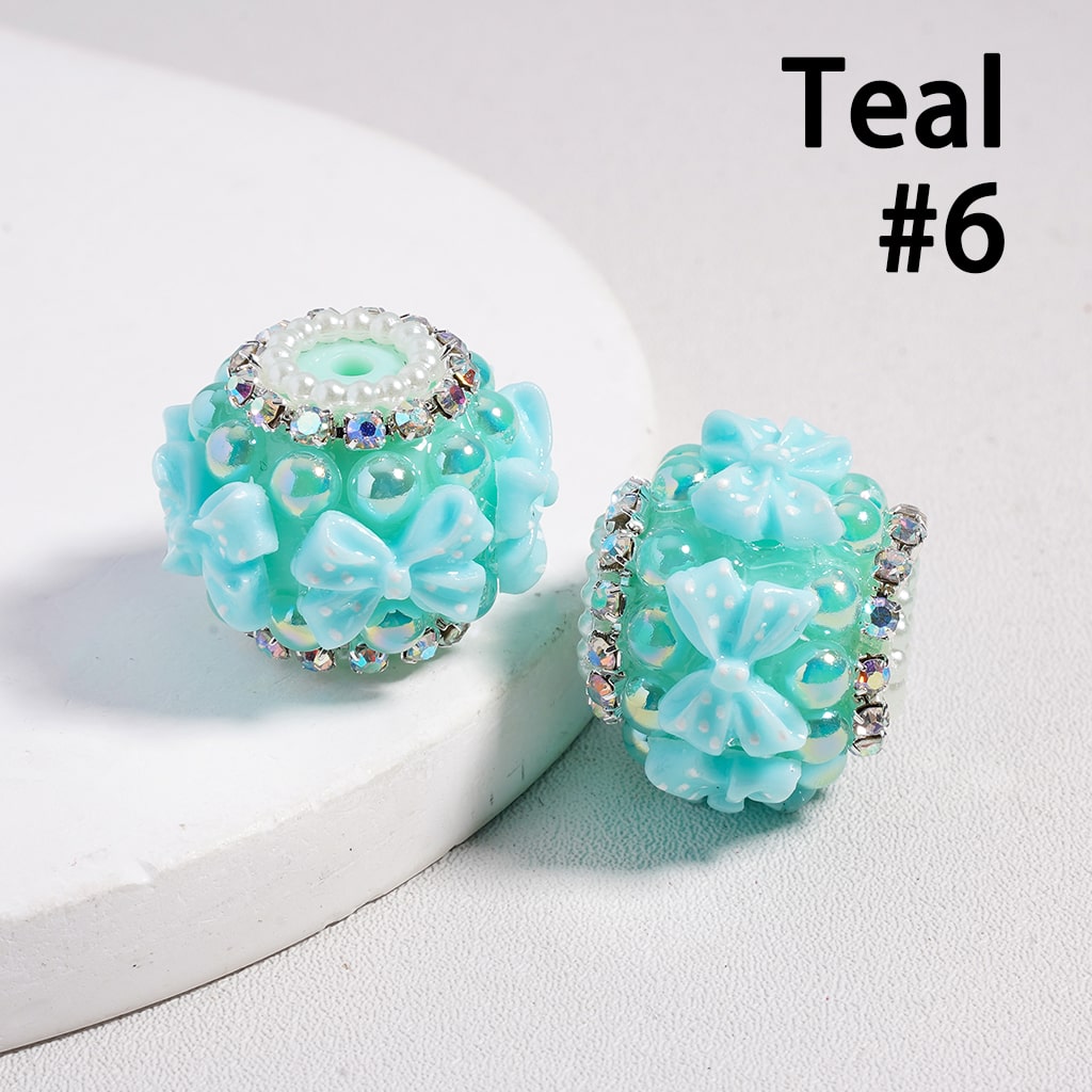 Acrylic Beads Bowtie w White Polka Dots, Half-Shell Pearls & AB Rhinestones Chains, 22MM, Multi-Color