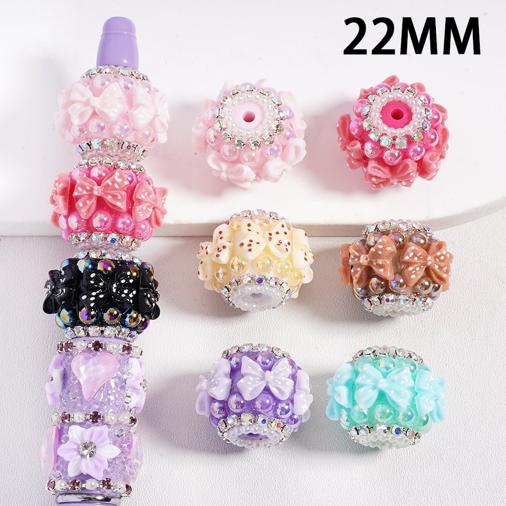 Acrylic Beads Bowtie w White Polka Dots, Half-Shell Pearls & AB Rhinestones Chains, 22MM, Multi-Color