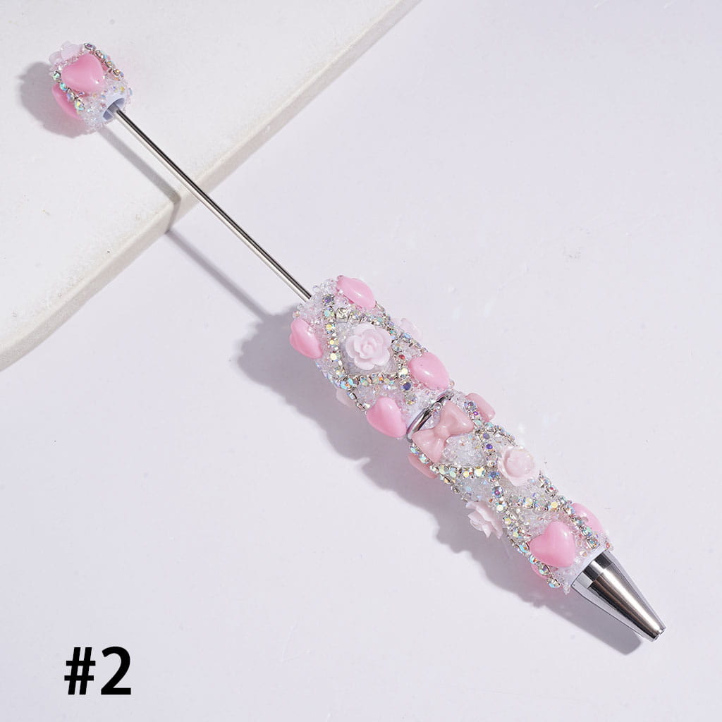 Handmade Beadable Sugar Pens with Heart Bowtie UV-Coated Rose Flower and AB Rhinestone Chains, Multi-Color