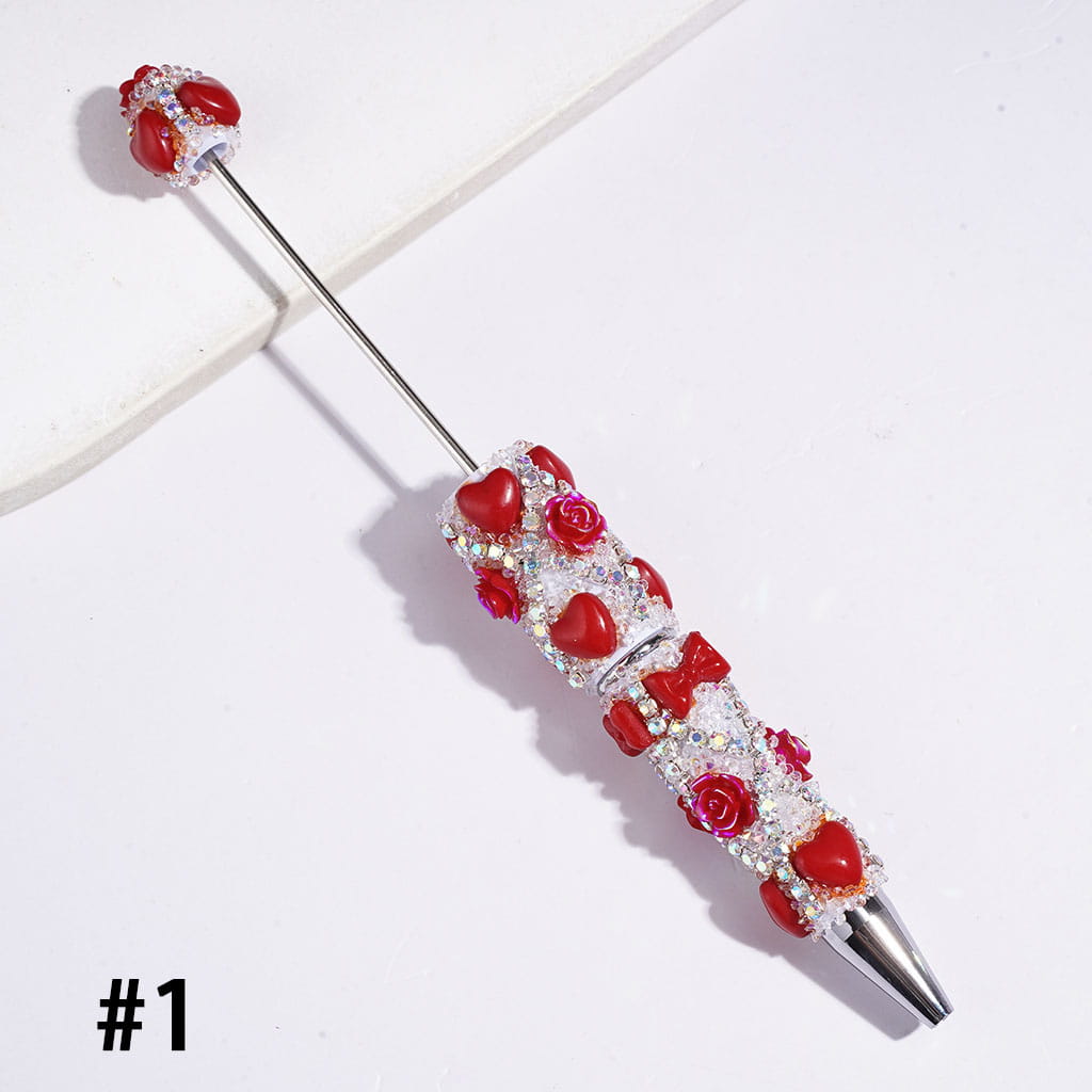 Handmade Beadable Sugar Pens with Heart Bowtie UV-Coated Rose Flower and AB Rhinestone Chains, Multi-Color
