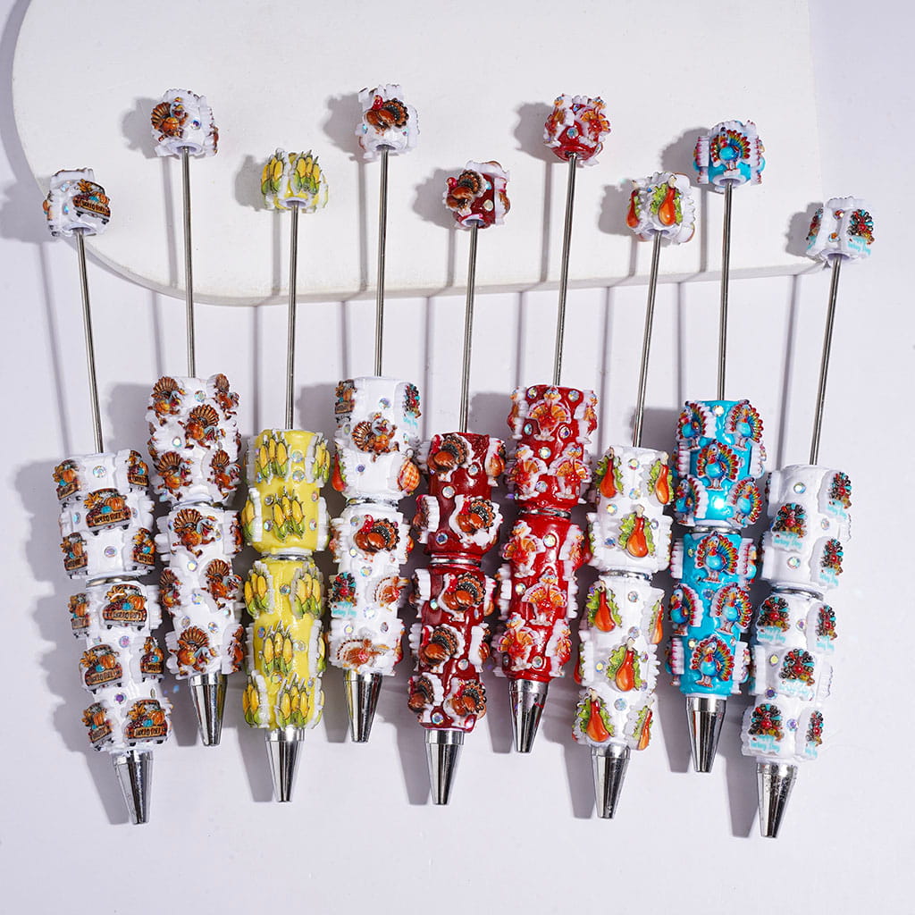 Beadable Clay Pens Thanksgiving Day Theme with Various Food Turkey Truck and AB Rhinestone
