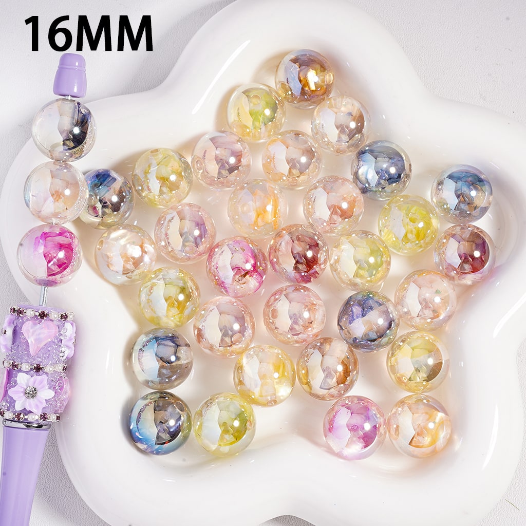 Acrylic Beads UV Coating with Glitter and Broken Shell Flakes, Translucent Color, 16MM, Random Mix