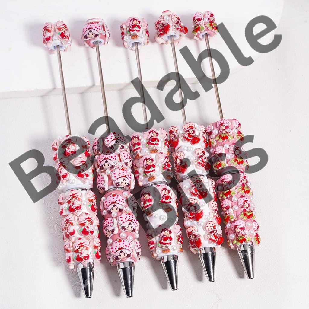 Beadable Clay Pen Strawberry Girl Series with White Pearls, Random Mix