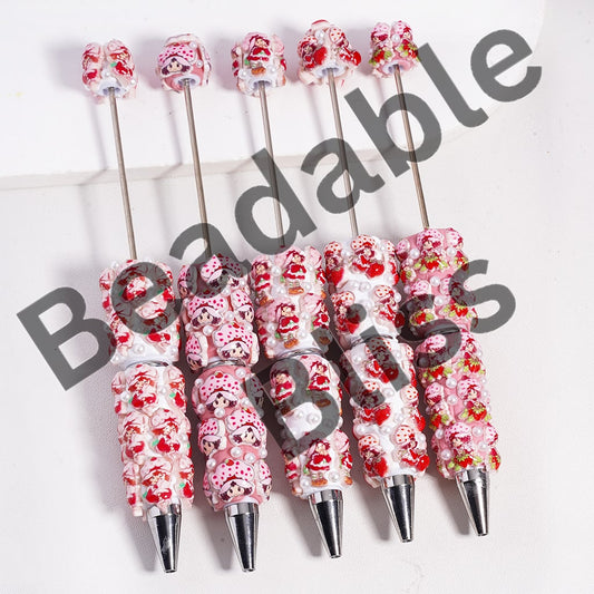 Beadable Clay Pen Strawberry Girl Series with White Pearls, Random Mix