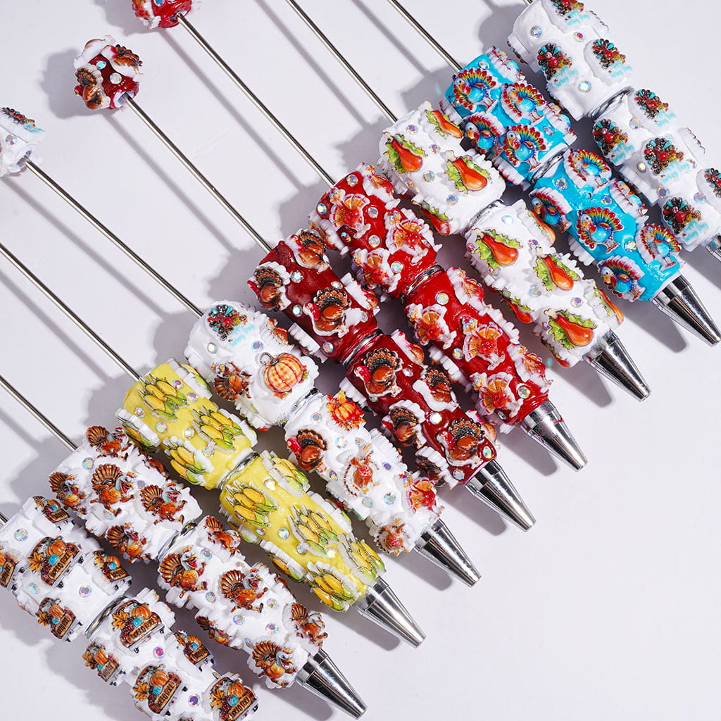 Beadable Clay Pens Thanksgiving Day Theme with Various Food Turkey Truck and AB Rhinestone