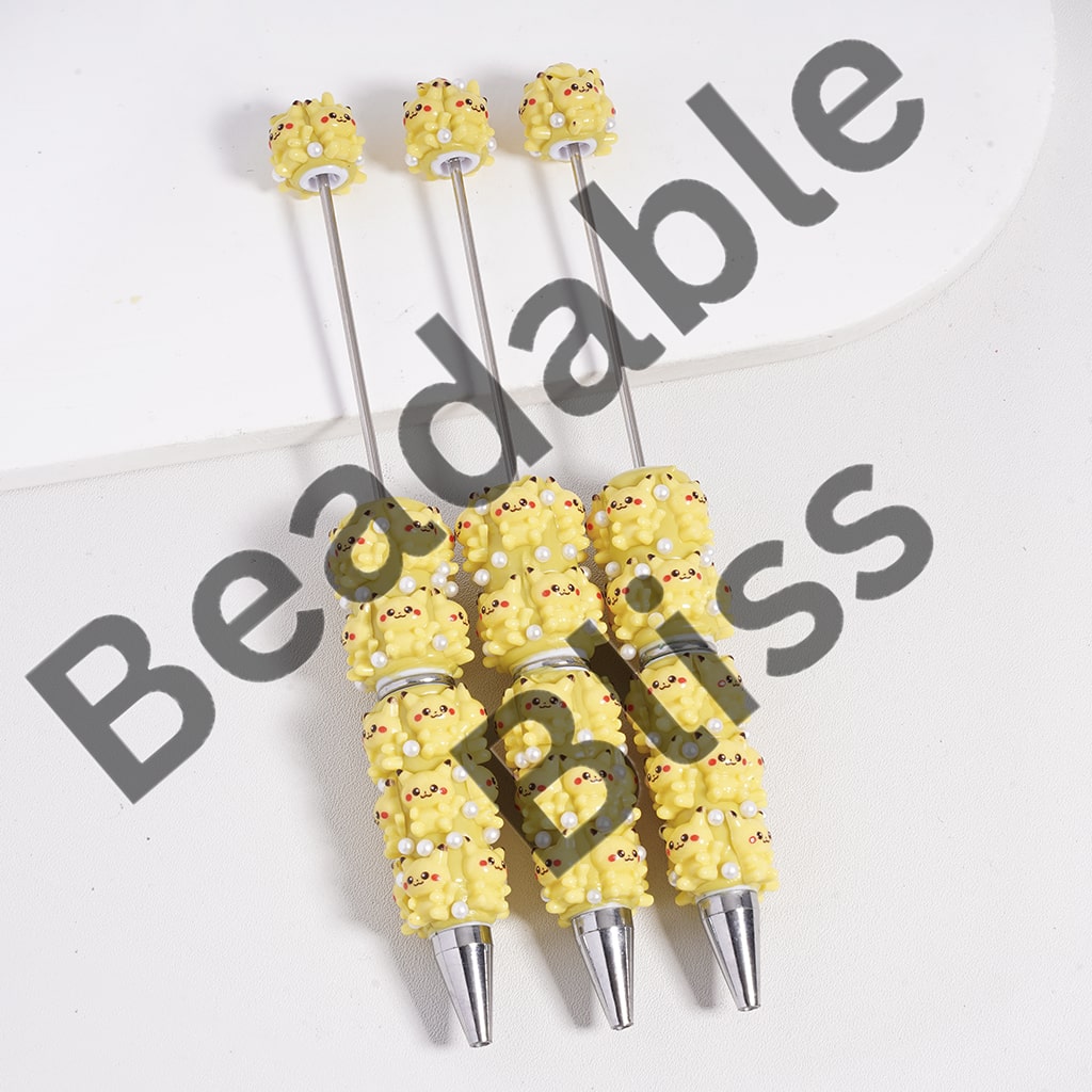 Beadable Clay Pens Cute Yellow Smiling Monster Electric Character with White Pearls