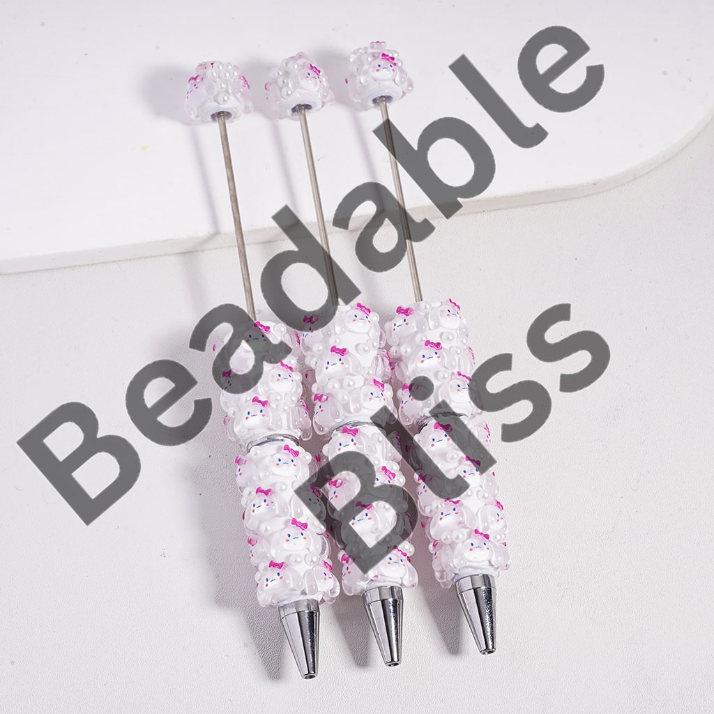Beadable Clay Pen Cute Big Ears Dog Character with Pink Bowtie White Pearls