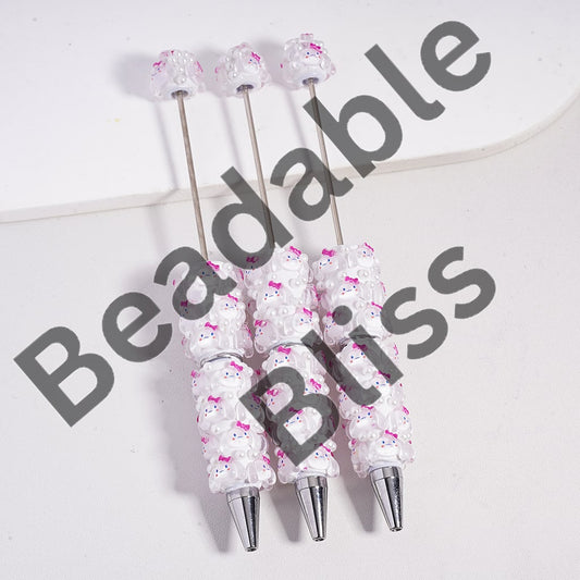 Beadable Clay Pen Cute Big Ears Dog Character with Pink Bowtie White Pearls