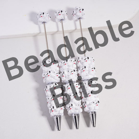 Beadable Clay Pen with Cute Smiling Dog Character in Black and White and with Pearls