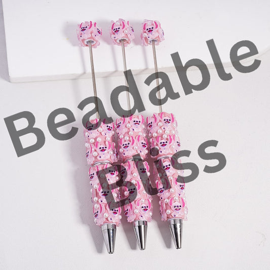 Beadable Clay Pen with Cute Pink Monster Character & White Pearls