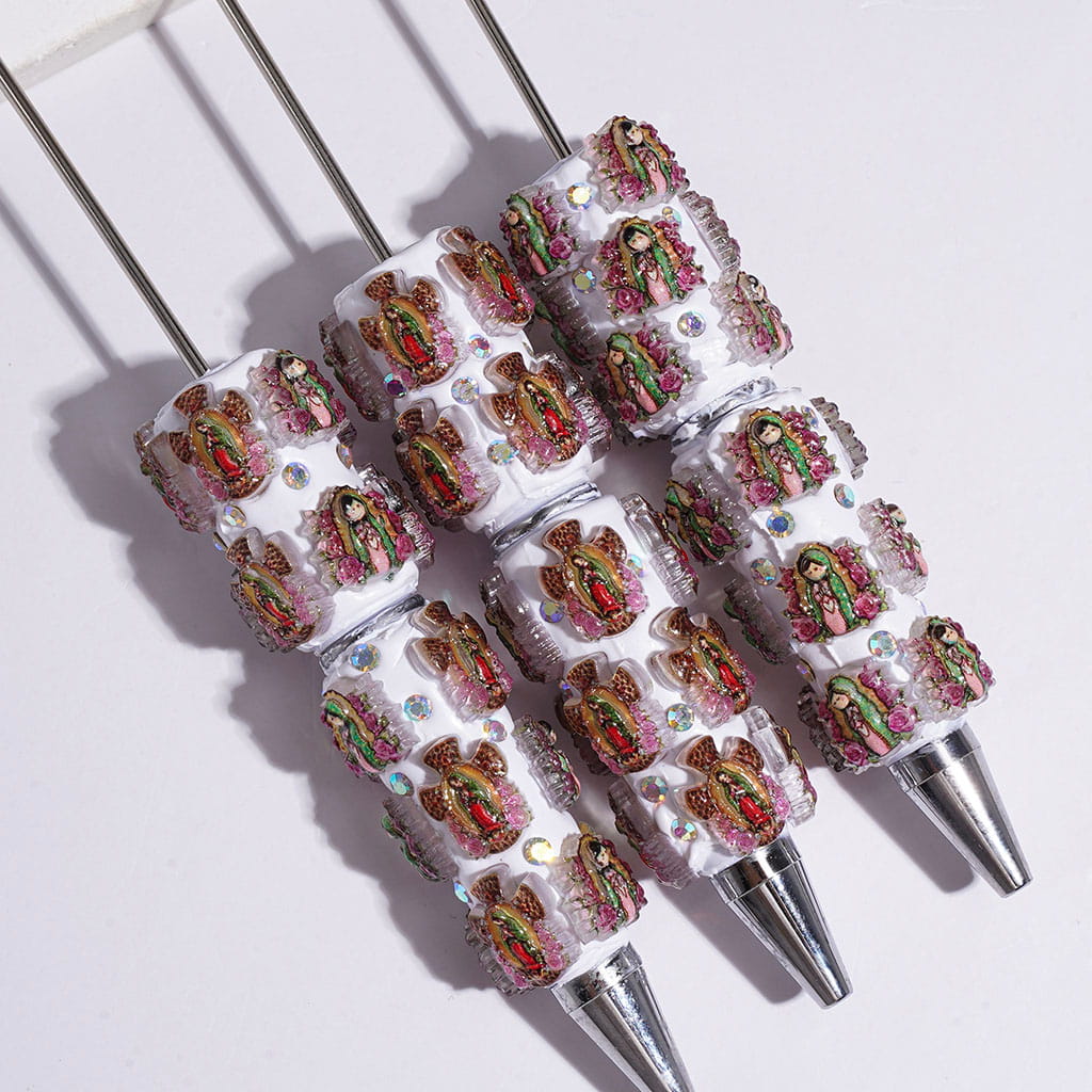 Beadable Clay Pens with Virgen de Guadalupe and AB Rhinestone