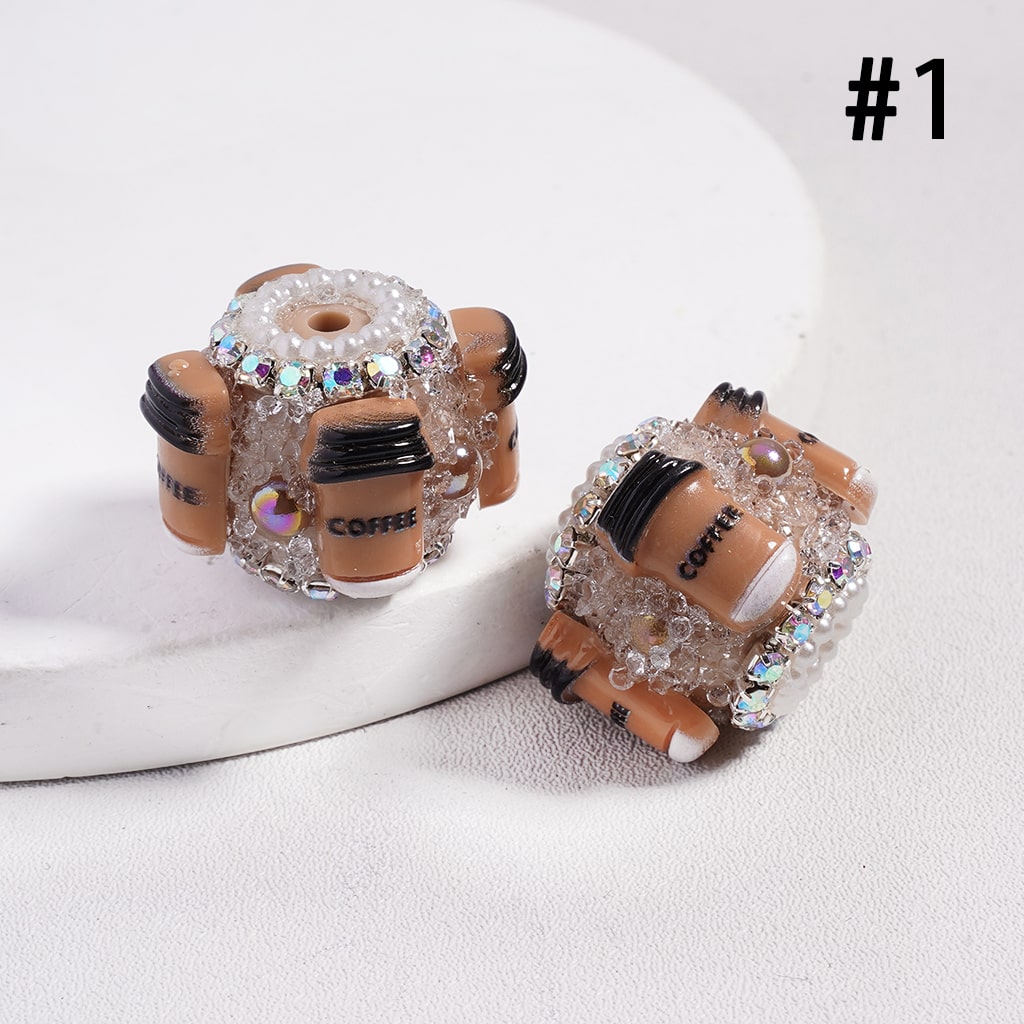 Sugar Acrylic Beads w Coffee Cup & Brown Half-Shell Pearls, AB Rhinestones White Pearls Chains, 20MM, Multi-Color